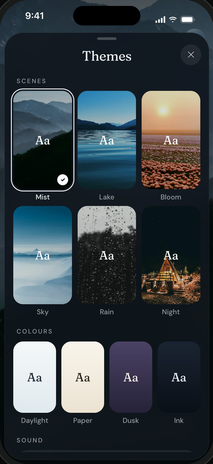 Themes: scenes like Mist, Lake, Bloom, Sky, Rain and Night